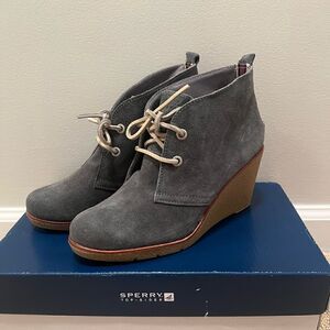 Sperry Grey Navy Suede Harlow Wedge Ankle Bootie
